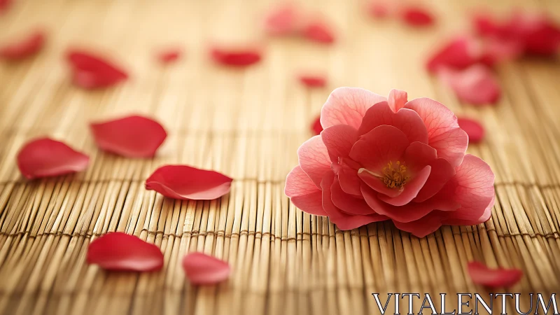 Macro study of pink camellia on bamboo mat with shallow focus