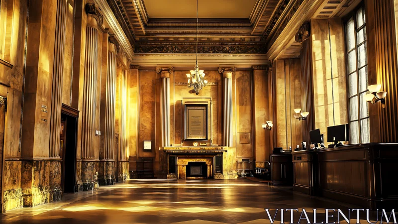 Grand neoclassical banking hall with golden interior light.