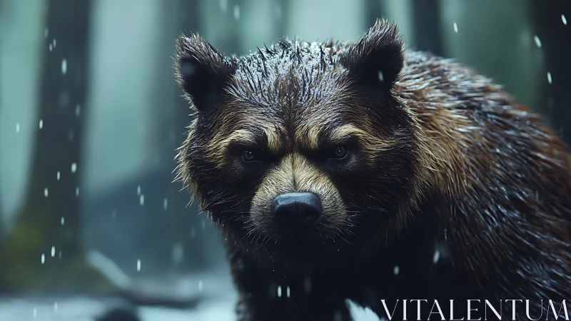 Rain-slick forest guardian bear locking stormy gaze.