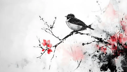 Monochrome bird on branch with red blossoms in watercolor.