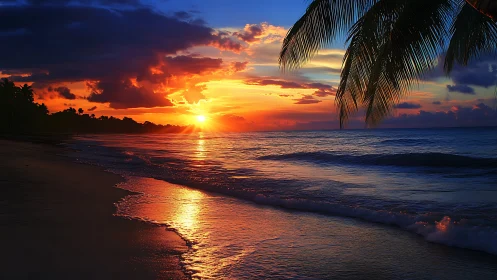 Spectral tropical sunset over wave-textured shoreline interface.