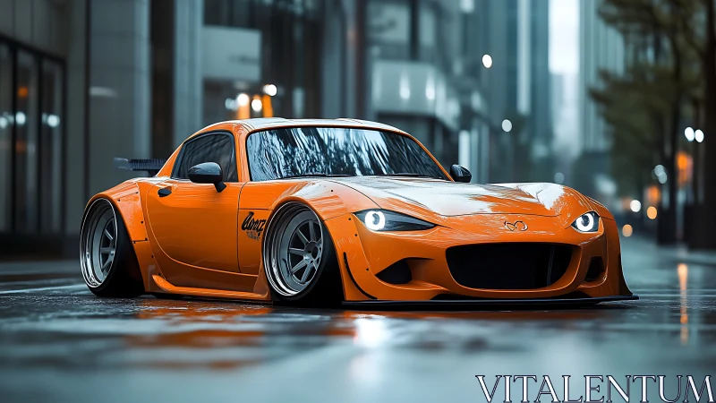 Orange widebody sports coupe on wet urban street at dusk.