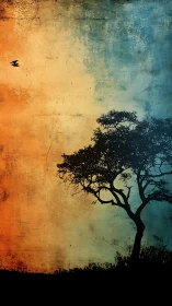 Silhouetted tree against textured orange blue sky.