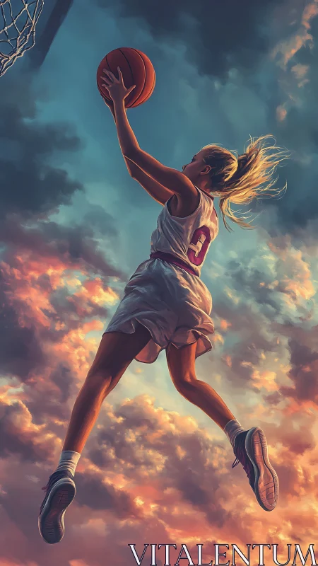 Dynamic digital painting of airborne basketball player silhouette.