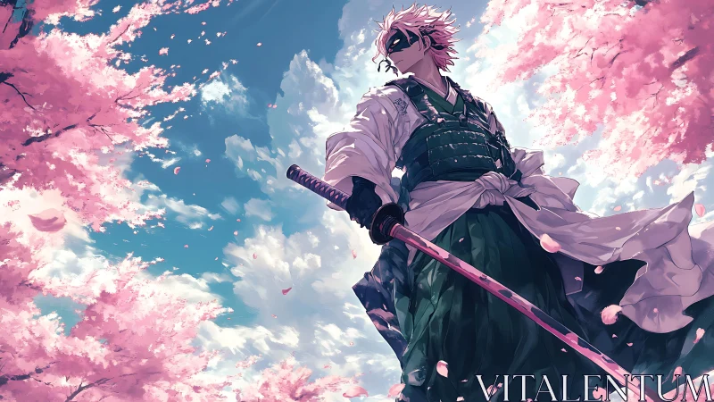 Anime samurai under cherry blossoms in dynamic low-angle view.