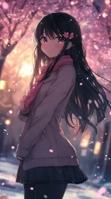 Anime girl under illuminated sakura canopy in shallow depth portrait