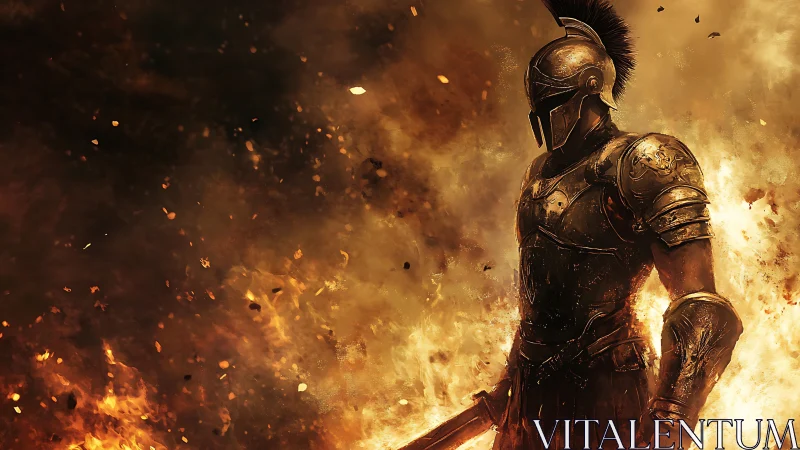 Digital painting of armored warrior in infernal backlight.