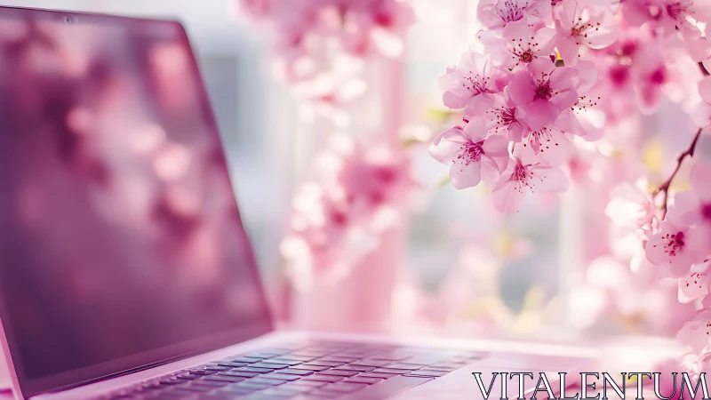 Pink laptop beside soft-focus cherry blossoms by window.