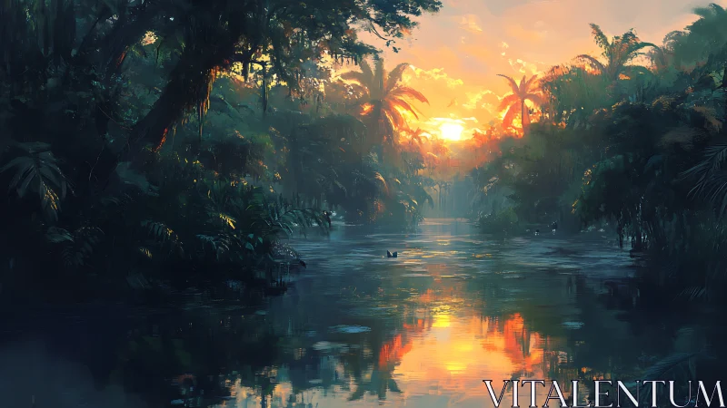Luminous rainforest river at sunset in digital painting style.