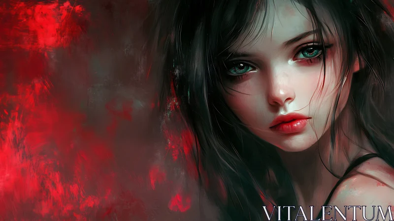 Melancholic girl&rsquo;s gaze emerges from a storm of crimson light.