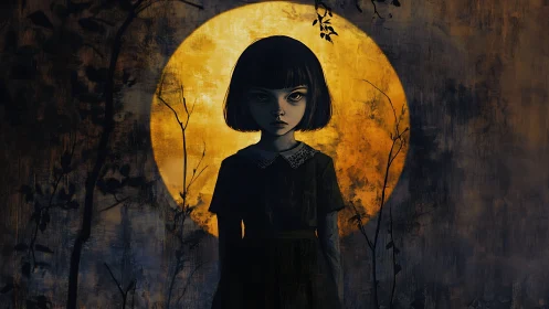 Brooding gothic girl before glowing moonlit circle.
