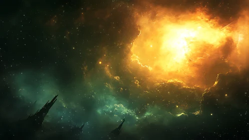 Cosmic nebula storm with emerald void and star silhouettes.
