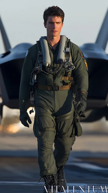 Fighter pilot strides from jet in golden hour runway lighting
