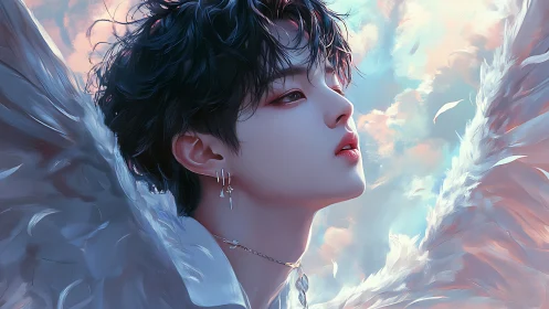 Heaven-struck youth tilts skyward, wings carving pastel clouds