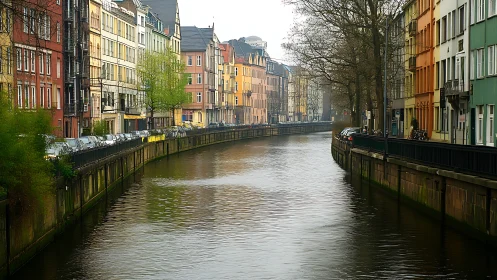 Misty canal corridor lined with softly humming city colors.