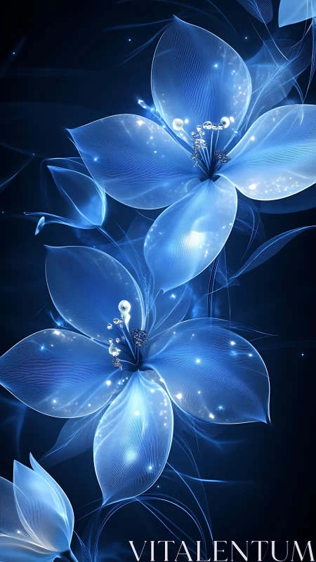 Luminescent blue flowers rendered in digital medium