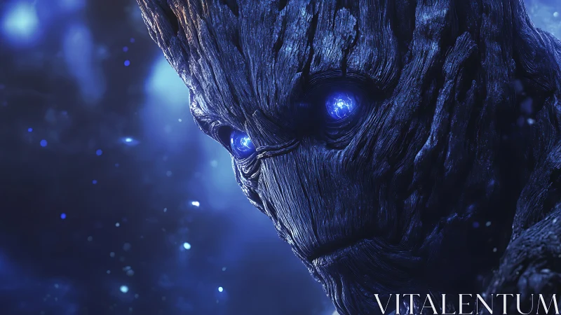 Cosmic wood golem gazes through glowing electric eyes.