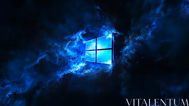 Glowing blue window icon radiates through cosmic nebula
