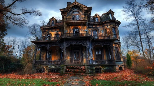 Autumn-lit haunted manor whispering in rusted lacework gloom.