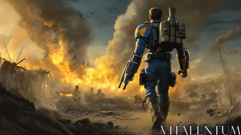 Lone vault wanderer strides into the firelit wasteland dusk