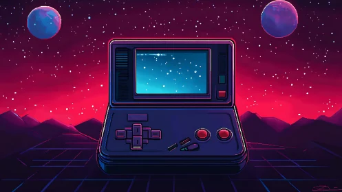 Retro handheld console dreams beneath a neon cosmic night