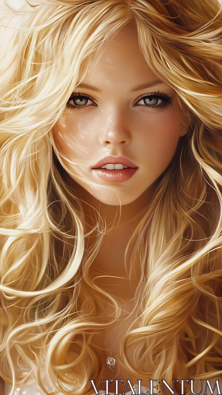 Sunlit siren with golden curls and luminous gaze unveiled.