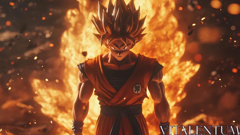 Anime warrior in fiery aura, cinematic character spotlight.
