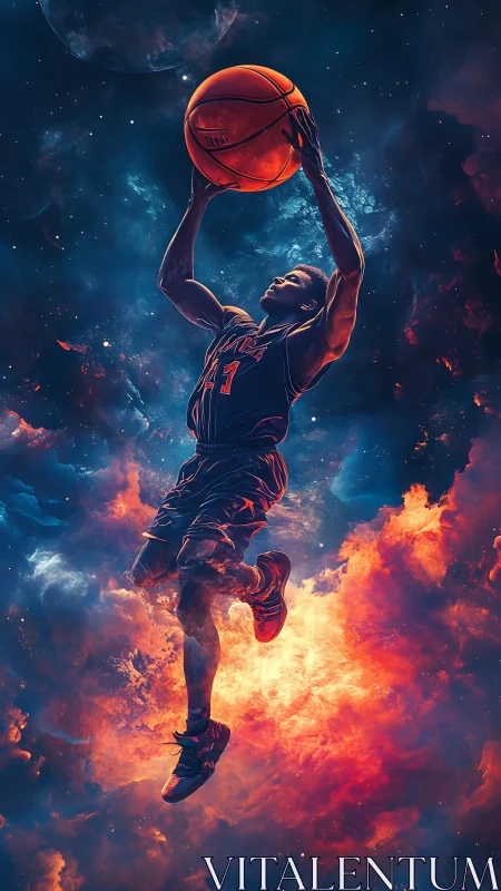 Astrophysical basketball ascent in nebular chromatic bloom.