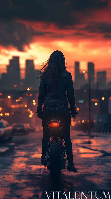 Motorcyclist silhouette at dusk on wet city street, rear view
