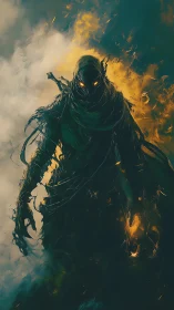 Hooded elemental wraith figure in dual fire and smoke field