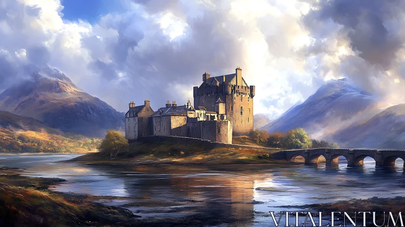 Sunlit highland castle rises over misty mountain loch