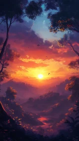 Golden sunrise over dreamy forest valley bathed in light.