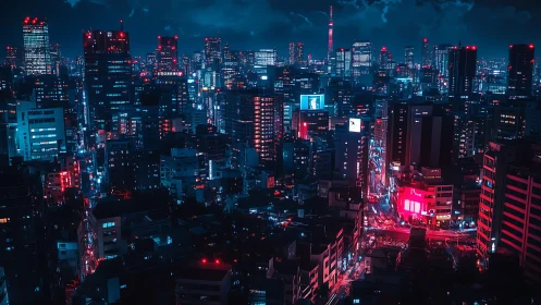 Dense neon-lit skyline renders high-contrast cyberpunk nightscape