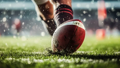 Close view shows football at kickoff on wet grass field