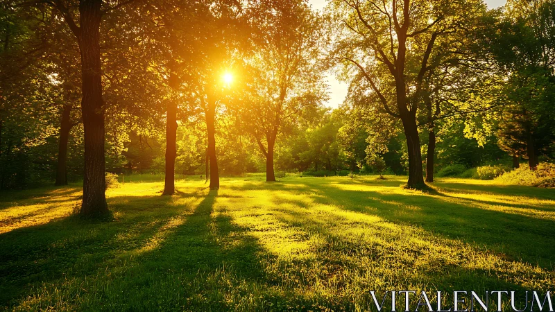 Backlit deciduous forest clearing with extended linear sun cast shadows