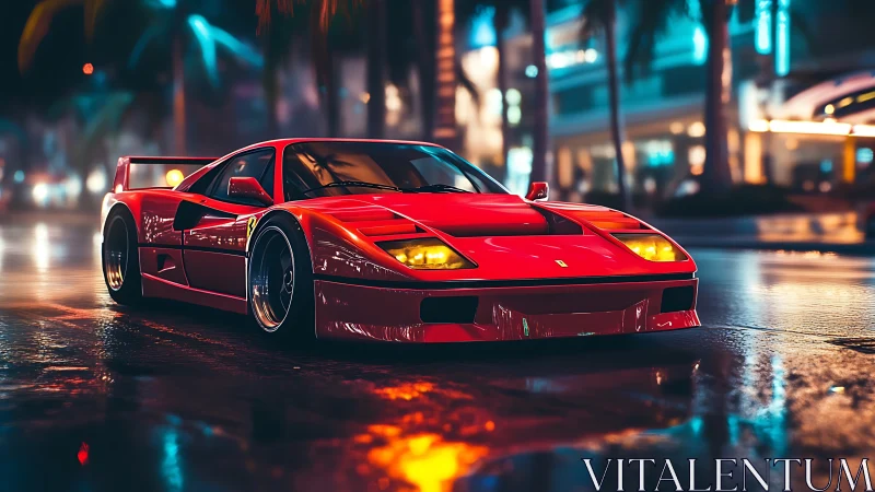 Scarlet supercar prowls neon city streets after fresh rainfall