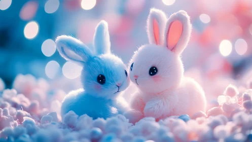Gentle pastel bunnies share a soft, glowing moment together