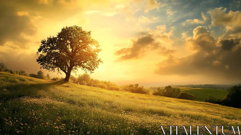 Solitary tree stands on sunlit hillside beneath dense clouds
