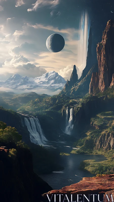 Alien canyon world with waterfalls and distant planet