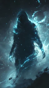 Hooded spectral figure outlined in blue ethereal energy.