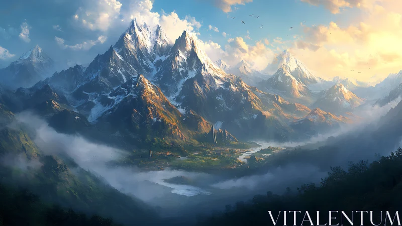 Vast snowcapped mountains above misty valley at sunrise