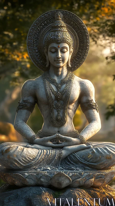 Serene stone Buddha sculpture in golden hour forest light.