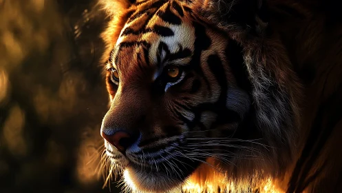 Ember-eyed tiger drinking dusk light in molten shadow.