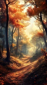 Autumn Forest Path Bathed in Golden Sunlight Through Canopy