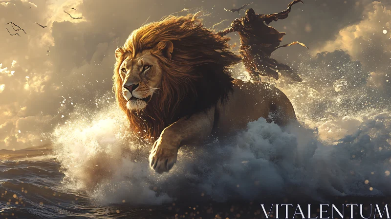 Majestic lion charges through stormy surf under golden sky