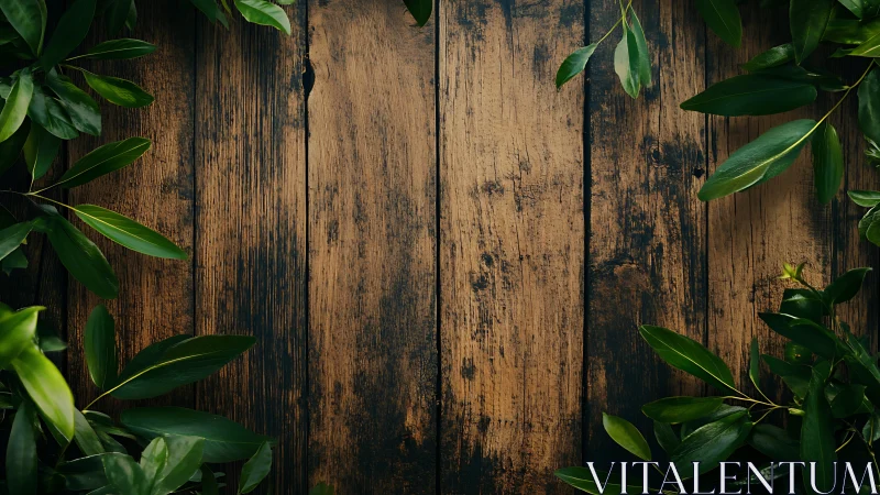 Rustic wooden background framed by lush green foliage edges