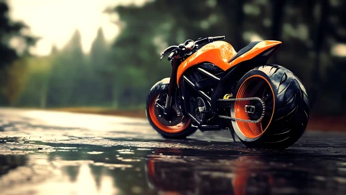 Sleek orange motorcycle waiting on a rain washed road.