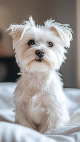 Small white fluffy dog sitting alert on soft white bed.