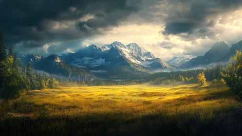 Sunlit mountain valley under dense dramatic storm clouds.