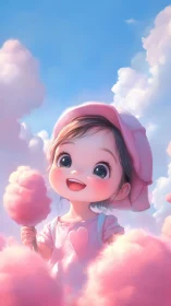 Joyful Girl Among Cotton Candy Clouds.